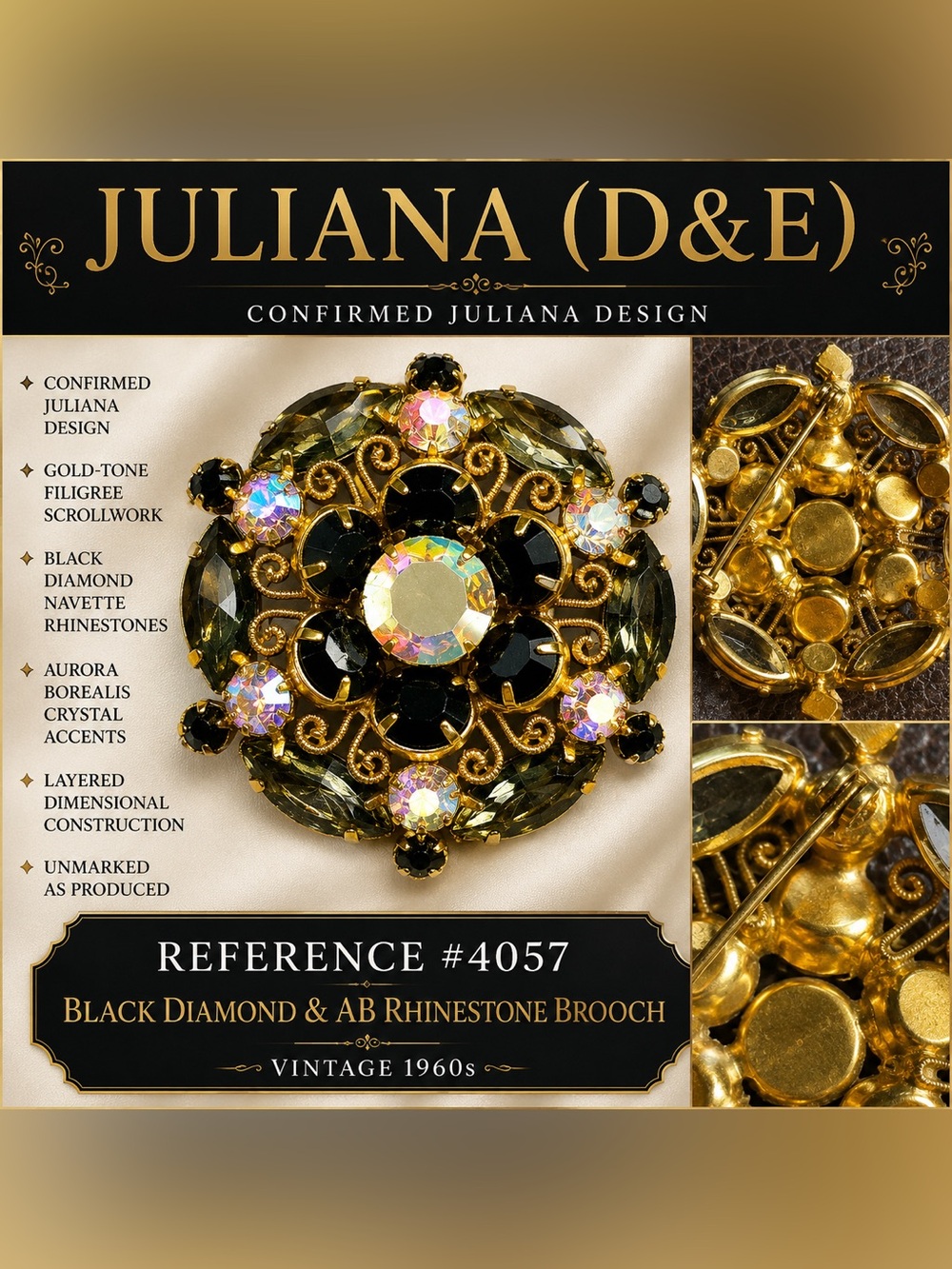 Juliana Black Diamond & AB Rhinestone Floral Brooch #4057 - Gold Tone